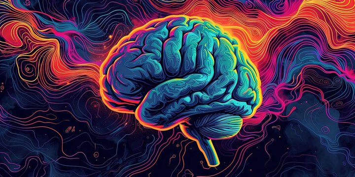 Illustration of a human brain against a field of vivid contour lines